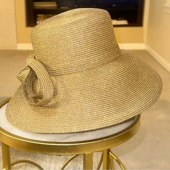 Elegant Gold Shimmer Wide Brim Hat with Sculpted Bow – Fine Millinery by August main image 8